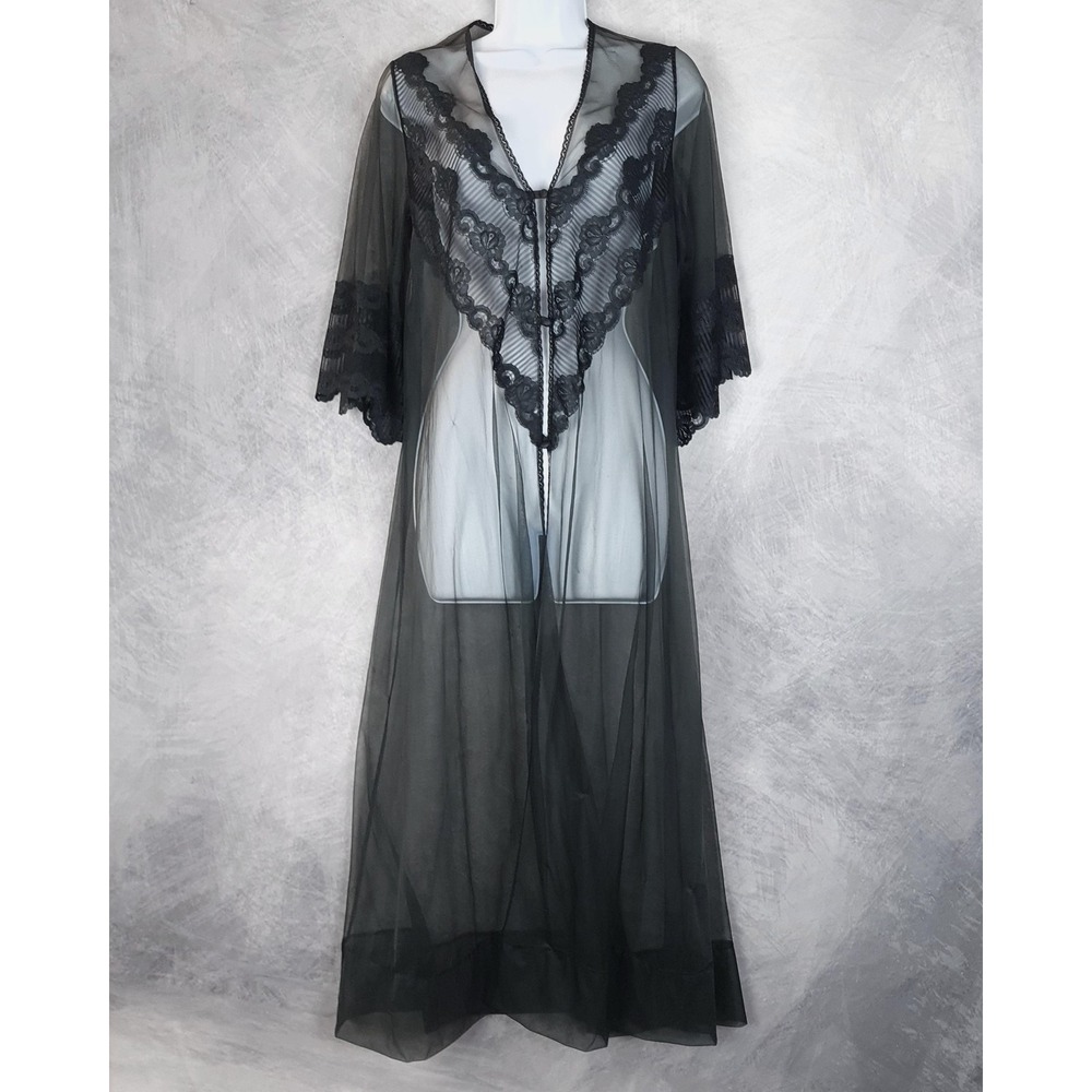 Vintage Lorraine Robe Womens Small Black Sheer Nylon Lace Kimono Maxi Peignoir